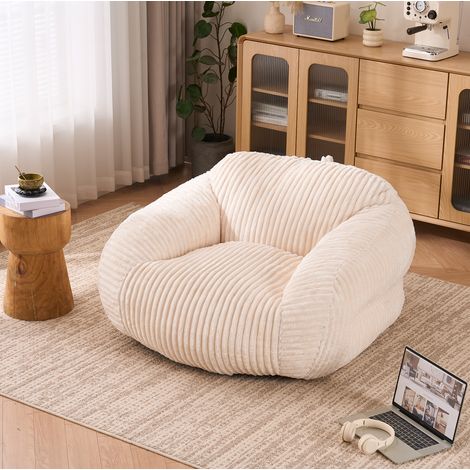 Pouf fauteuil adulte en corduroy beige, rembourré en mousse, 116 x 110 x 61 cm, OKWISH