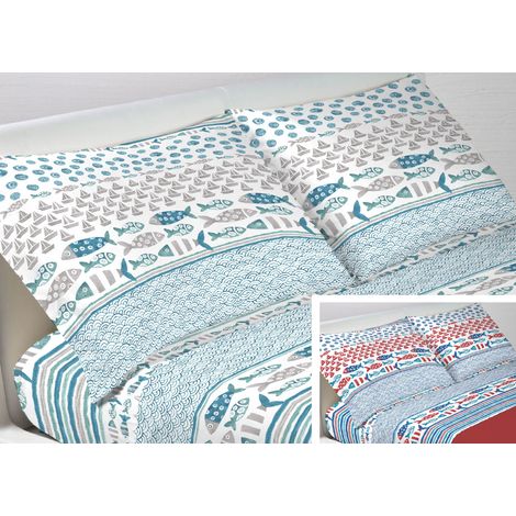 Coppia Federe Cuscino Letto Bottoni Laterali 100% Cotone Disegno Marino Pesci, misuraFederecoloreAzzurro (1/5)
