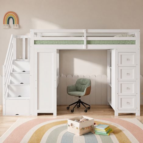 Cama alta infantil 90x200 cm con escritorio y almacenaje, blanca HAVRYA (1/5)