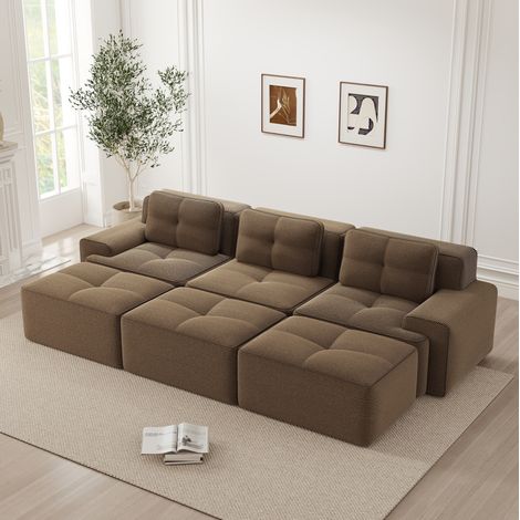 Modulares Ecksofa 74 cm Sitztiefe braun aus Cord mit Schlaffunktion und 3 Hockern (1/5)
