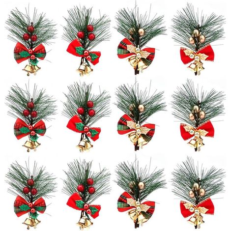 Weihnachtszweige mit Beeren, 12 Stück, künstliche Weihnachtszweige mit roten/goldenen Beeren und Schleifen, rote Beerenzweige für Weihnachtsbaumschmuck und Kränze (1/5)