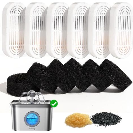 6 Packs de Filtres pour Fontaine à Eau pour Chat et 6 Packs d'Éponges de Remplacement, pour Fontaine Eau Chat en Acier Inoxydable de 2.8L FN-W22 (1/5)