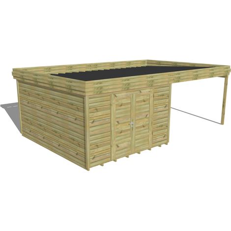 ABRI DE JARDIN bois Pin autoclave 27mm - 6,94x4,34m / 30,1m2 - Bac acier - Plancher bois (1/5)