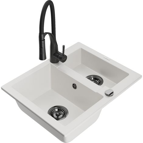 Mexen Carlos évier en granit 1,5 bac avec robinet de cuisine Aster, blanc - 6518-20-73450-70-B (1/5)