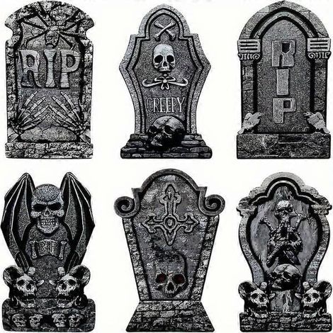 Nouveaux modèles de panneaux funéraires d'Halloween avec bâtonnets - Lot de 6 décorations extérieures, accessoires de cimetière sur le thème de la maison hantée, marqueur squelette (1/4)