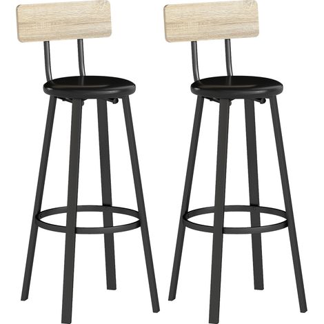HOMCOM juego de 2 taburetes de bar, respaldo y reposapiés, asiento de 75,5 cm de altura, fácil montaje, estilo industrial, natural y negro (1/5)