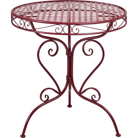 Mesa de balcón exterior tablero redondo de metal con volutas decorativas borgoña Albinia (1/5)
