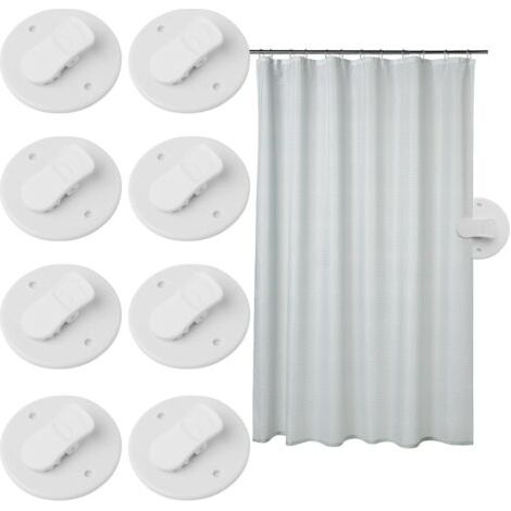 Lot de 8 clips de rideau de douche autocollants blancs pour éviter les éclaboussures d'eau et maintenir le rembourrage du rideau près du mur. Fixations pour rideaux de douche à domicile.