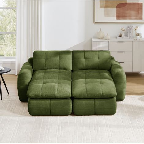 Divano modulare 2 posti, senza telaio, con 2 pouf, ciniglia verde HAVRYA (1/5)