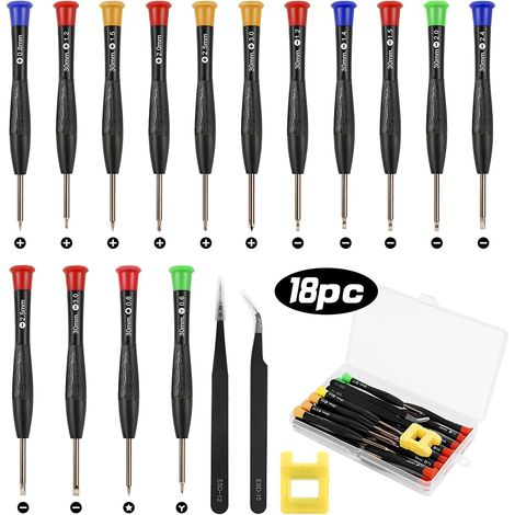 18PCS Mini Tournevis, Tournevis de Réparation Précision Lunettes PC Montre Bijoux Téléphone, 2 Pince à Épiler, Magnétiseur et Boîte de Rangement (1/5)