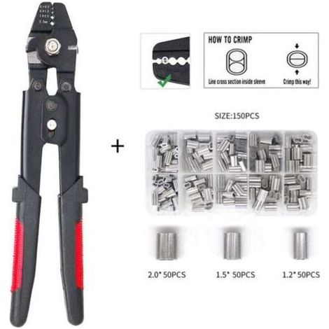 Pince à corde avec fonction coupante pour manchons en aluminium de 0,1 mm à 2,2 mm,avec 150 pièces 1,2/1,5/2 mm en aluminium à double barillet (1/4)
