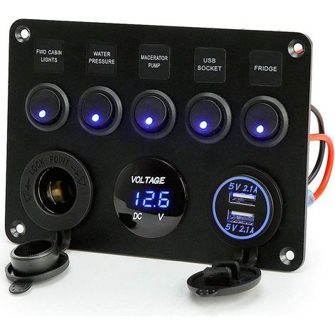 Panneau Interrupteur Marine 5 Boutons Étanche avec Voltmètre USB Allume-Cigare pour Bateau Camping-Car (1/5)