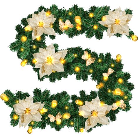 Jiubiaz Ghirlanda natalizia Decorazione natalizia per parete, camino, scala 2,7 m decorata con 50 LED con ornamenti dorati (1/5)