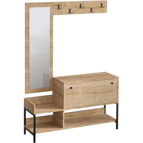 Meuble d'entrée avec miroir et patère murale effet Chêne - Sella
