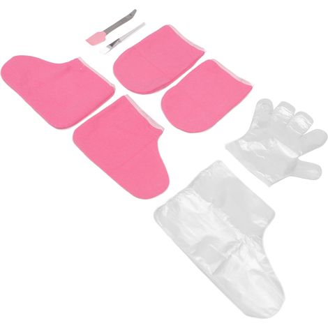 Kit de soin des mains et des pieds à la cire : pinceau, gants et couvre-pieds en tissu rose (100 pièces jetables). (1/5)