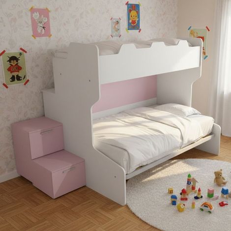 Letto a castello con gradini a cassetti e passerella - Una piazza e mezza e singola - bianco e cipria