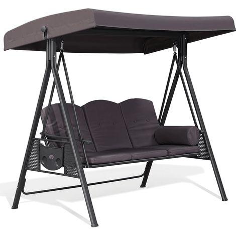 Balancelle de Jardin 3 Places avec Toit R¨glable, Balancelle Hollywood Ext¨rieure en Acier avec 1 Tablette Lat¨rale, Gris, PURPLE LEAF