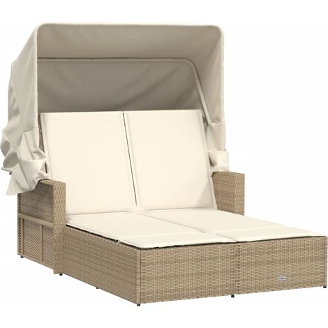 Chaise longue,Bain de soleil,Transat double avec auvent et coussins beige poly rotin CFW85791 (1/5)