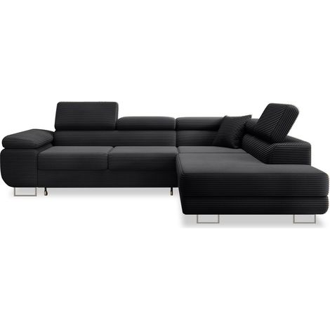 Canapé d'angle droit convertible Marius velours côtelé Noir