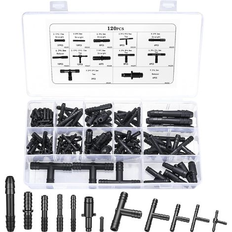120 Pcs Raccords Tuyau Arrosage en T, Droits et Réducteurs Raccords noirs pour tuyaux d'arrosage, incluant en T, droits et réducteurs, parfaits pour irrigation jardin. (1/5)