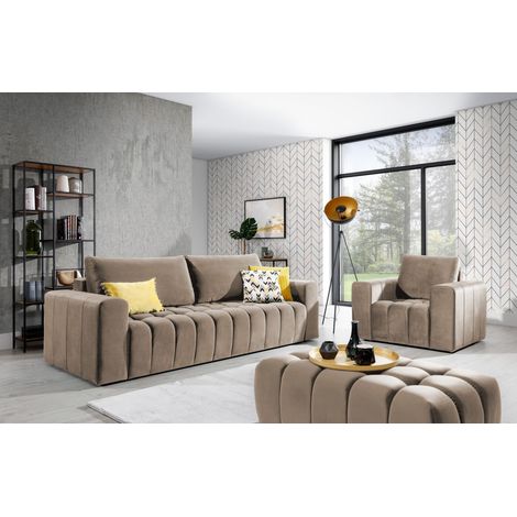 Ensemble 1 canapé convertible + 1 fauteuil + 1 pouf capitonné LARKO velours-Marron clair (1/5)