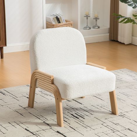 Fauteuil lounge scandinave tissu chenille ivoire, structure bois, salon chambre (1/5)