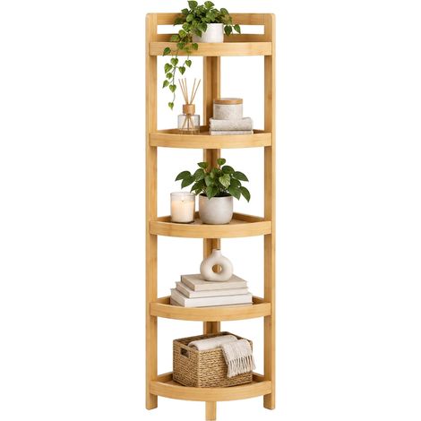 Relaxdays Étagère d'angle bambou, 5 tablettes semi-rondes, 116 x 23 x 23 cm, sur pied, salle de bains/cuisine, nature (1/5)