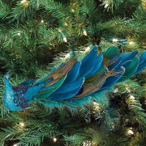 Décorations de Noël Paon de 28 cm, Oiseau pailleté à pince, Décorations pour sapin de Noël (1/4)