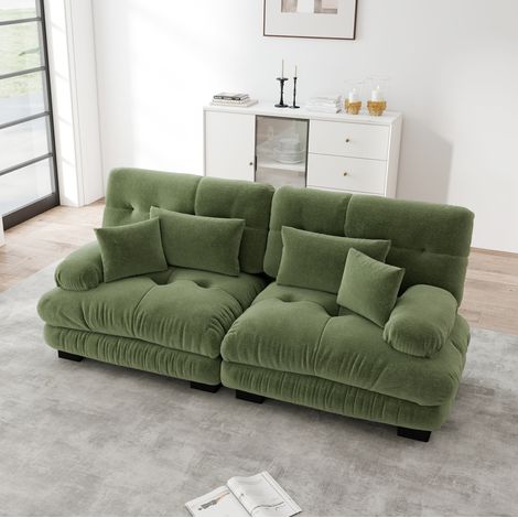 Divano angolare 220x77x81 cm in ciniglia verde, 2 cuscini, salvaspazio – MEUBLIV (1/5)