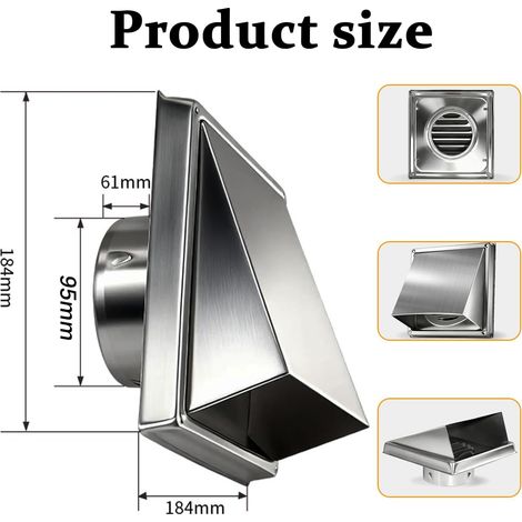 304 Grille d'aération en acier inoxydable,Diamètre 100mm, Avec moustiquaire,Avec joint en caoutchouc,Pour tuyau en VMC et couvercle (1/4)
