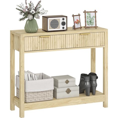 Console meuble 90 cm, table console étroite avec 2 tiroirs rainurés et étagère, style moderne, bois naturel (1/5)