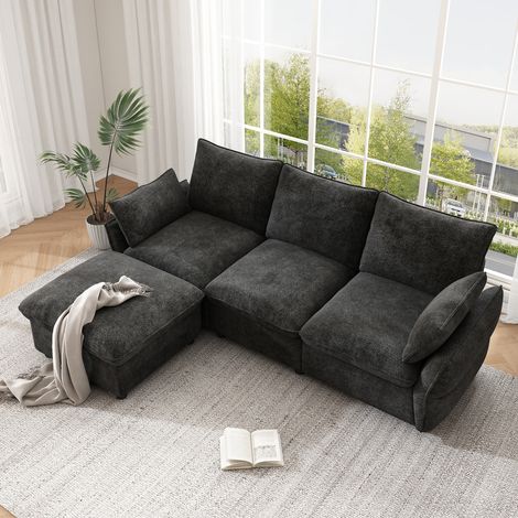 Canapé d’angle modulable 3 places 222,5x154,5x76,5 cm avec pouf mobile, 2 coussins, assise large en mousse haute résilience, chenille, Gris foncé (1/5)