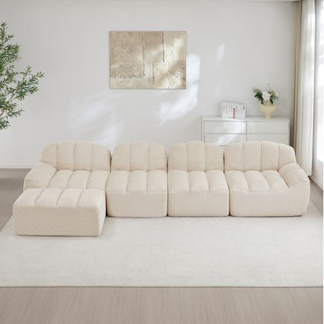 Canapé modulaire 4 places avec ottoman, forme coquillage, assise profonde, tissu polaire beige blanc (1/5)