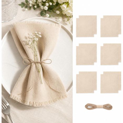 Lot de 12 serviettes en tissu beige - Serviettes en coton - Style bohème - Décoration de table de mariage avec franges et ficelle - 42 x 42 cm - Pour fête, restaurant, cuisine (1/5)