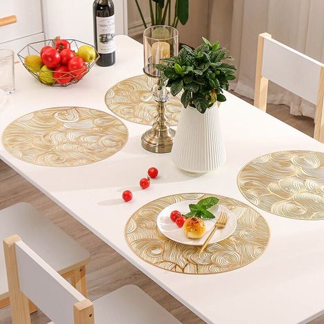Lot de 6 sets de table ronds dorés, napperons en PVC doré, napperons creux, napperons en vinyle pressé, napperons antidérapants résistants à la chaleur pour mariage, napperons lavables-LIAIKI (1/5)