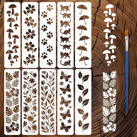 10 Pcs Pochoirs de Bordure avec 1 Pinceau Plastique 30x7,5cm Pochoirs de Motifs Plantes Animaux Pochoir de Fond de Bord de Livre Rectangulaire pour Bois Mur Meuble DIY Décoration Maison (1/5)