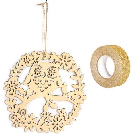 Décor à suspendre bois Hibou 22 x 22 cm + masking tape doré à paillettes 5 m