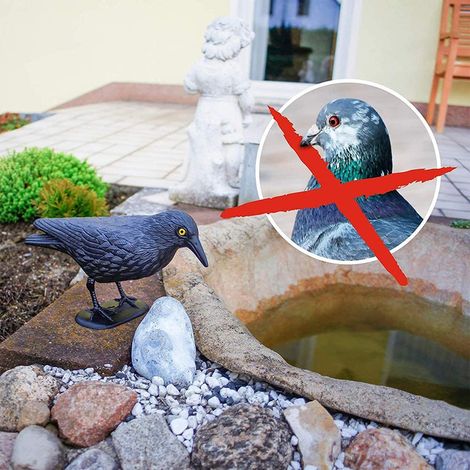 Épouvantail à oiseaux, faux corbeau en plastique, plumes noires, répulsif à oiseaux pour jardin extérieur. (1/5)