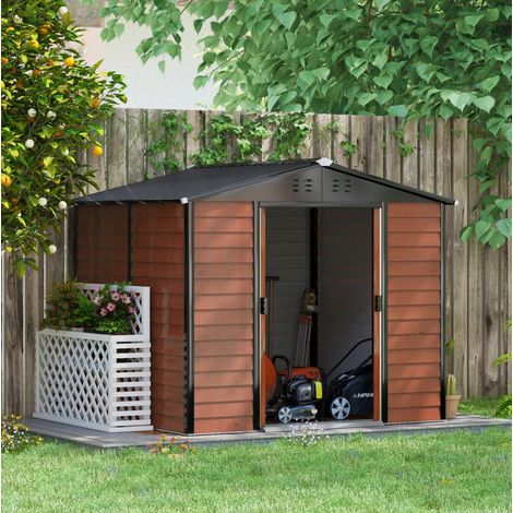 Casetta da giardino in acciaio zincato 240 x 206 x 198 cm, colore Teak, con porta scorrevole (1/5)