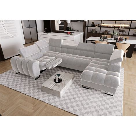 Wohnlandschaft Schlafsofa BASTIEN RELAX in Stoff Terra Hellgrau Ottomane Rechts