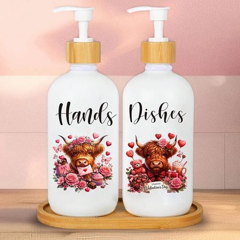 (2 pièces et tay A) Distributeur de savon pour la Saint-Valentin (2 pièces) avec plateau, motif vache des Highlands, distributeur pour la vaisselle et les mains avec pompe, savon liquide rechargeable (1/5)