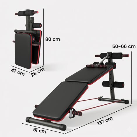 Banc abdominal pliable et réglable avec rameur et 2 cordes, en acier, 51x137x50-66cm, noir et rouge. (1/5)