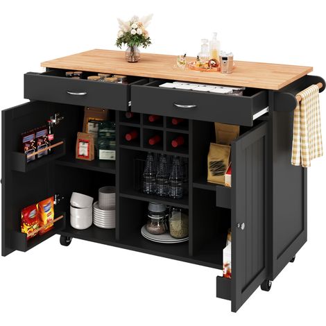 Îlot de cuisine moderne (102×45×92cm), meuble de cuisine, buffet, desserte avec veinure du bois, buffet, table à manger multifonctionnelle avec espace de rangement, noir (1/5)