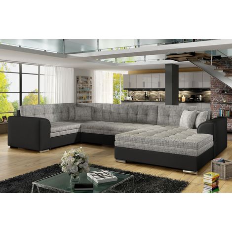 Canapé convertible panoramique tissu gris chiné et simili noir méridienne à droite Diana 340cm (1/5)