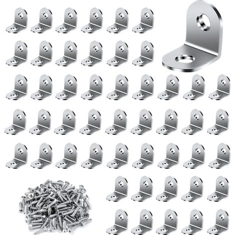 50 équerres métalliques 20 x 20 mm avec 100 vis, équerres en acier inoxydable, équerres à angle droit pour la fixation et la réparation de meubles. (1/5)