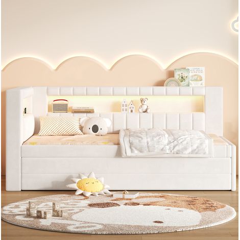 Ausziehbares Tagesbett 90x200 cm Weiß MDF, LED 7 Farben, 3 Schubladen – MEUBLIV (1/5)