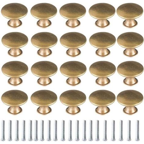 20 pomelli per porte vintage in ottone spazzolato, color oro, maniglie rotonde per mobili da 30 mm con viti per cassettiere e armadi - Crezuo (1/4)