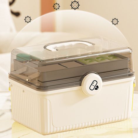 Trousse de premiers secours portable, multicouche et de grande capacité pour usage domestique, boîte de rangement médicale en plastique, blanc ivoire. (1/5)