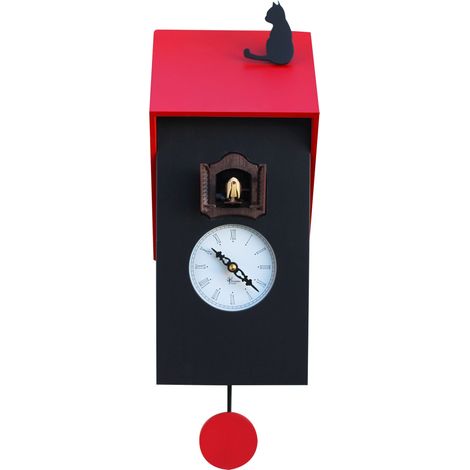 Orologio a Cucù da Parete 17x37x12 cm con Gatto Pirondini Italia Vicenza Nero e Rosso (1/2)