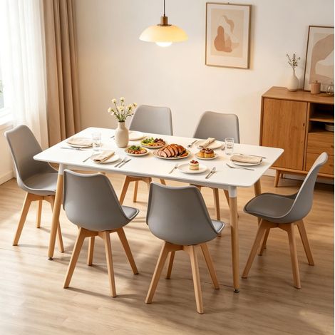 Lot de 6 chaises repas 49x42x83 cm en bois gris, patins protège-sol pour salle à manger – MEUBLIV (1/5)